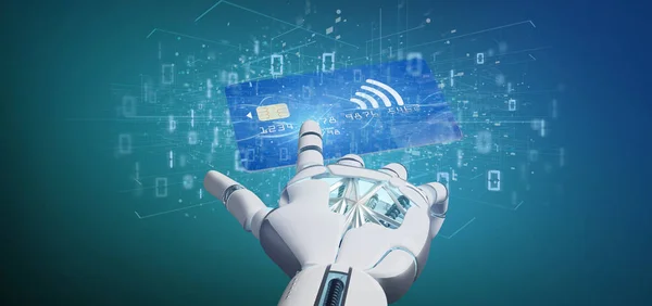 View Cyborg Hand Holding Contactless Credit Card Payment Concept Rendering — Stock Photo, Image
