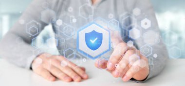 Bir kalkan web güvenlik kavramı 3d render tutan bir adam görünümü