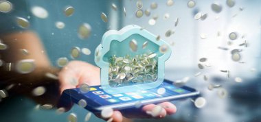 Sikke üzerinde tüm 3d render çevreleyen ile bir ev servet tutan bir adam görünümü