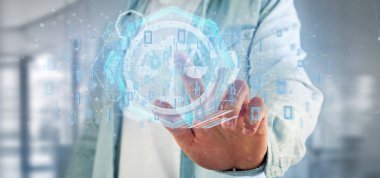 Bir teknoloji adalet simgesi üzerinde bir daire 3d render tutan bir adam görünümü