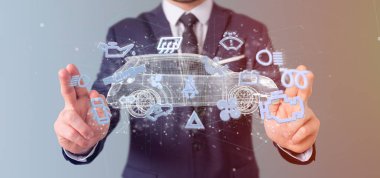 Smartcar simgesi bir otomobil 3d render etrafında tutan bir adam görünümü