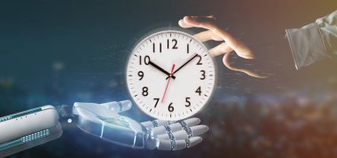 Bir saat zamanlayıcı 3d render tutan bir Cyborg el görünümünü