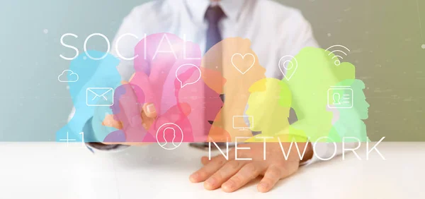 Vista Empresário Segurando Uma Rede Social Colorida Trabalho Equipe Com — Fotografia de Stock