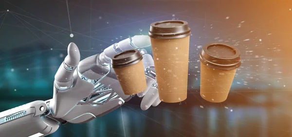 持有一组带有连接3D 渲染的 Cardbox 咖啡杯的机器人的看法 — 图库照片