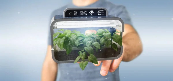 Vista Businesmann Segurando Uma Planta Vegetal Digital Conectado — Fotografia de Stock