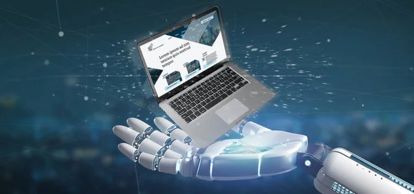 View of a Cyborg hand holding a Laptop with business website template on the screen isolated on a background