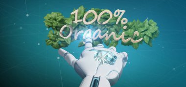 Ahşap bir logo % 100 organik 3d render etrafında yapraklarla tutan bir Cyborg görünümünü