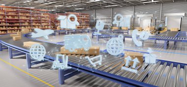 Bir ambar arka plan 3d render üzerinde lojistik bir örgütün görünümü