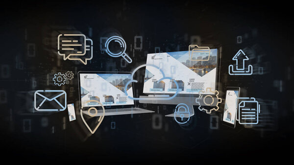 View of a Devices connected to a cloud multimedia network 3d rendering