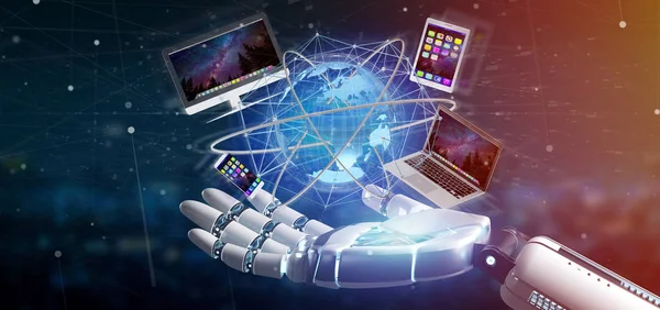 Cyborg Handen Håller Dator Och Enheter Visas Futuristiska Gränssnitt Med — Stockfoto