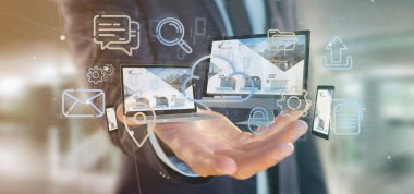 Bir aygıt tutan bir işadamı görünümünü bulut multimedya ağa 3d işleme bağlı