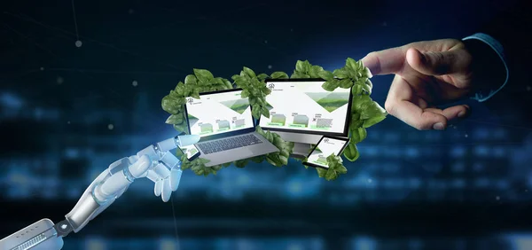 View of a Cyborg holding a Connected devices surrounding by leaves 3d rendering