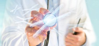 Bir grup kromozom DNA içinde tutan bir doktor görünümünü bir arka plan üzerinde 3d render izole