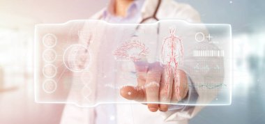 Fütüristik bir şablon tutan bir doktor görünümünü hud arabirimi