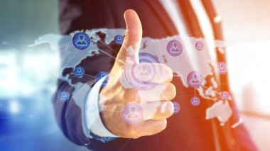 -3d render harita görünümü bir ağ bağlı bir dünya tutan işadamı