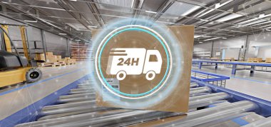 Bir ambar arka plan 3d render hızlı teslim sistemi kavramının görünüm