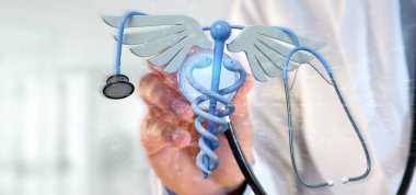 Holding bir 3d redering tıbbi cadaceus ve stetoskop bir doktor görünümünü