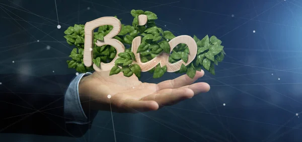 Vista Empresário Segurando Bio Logotipo Madeira Com Folhas Torno Renderização — Fotografia de Stock
