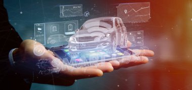 Bir pano smartcar arabirimi Pano 3d render tutan bir adam görünümü