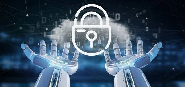 View of a Cyborg holding a Binary cloud with internet security padlock 3d rendering