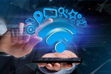 Multimedya ve internet uygulama logo - 3d render çevrili bir wifi sembol bağlantı görünümü