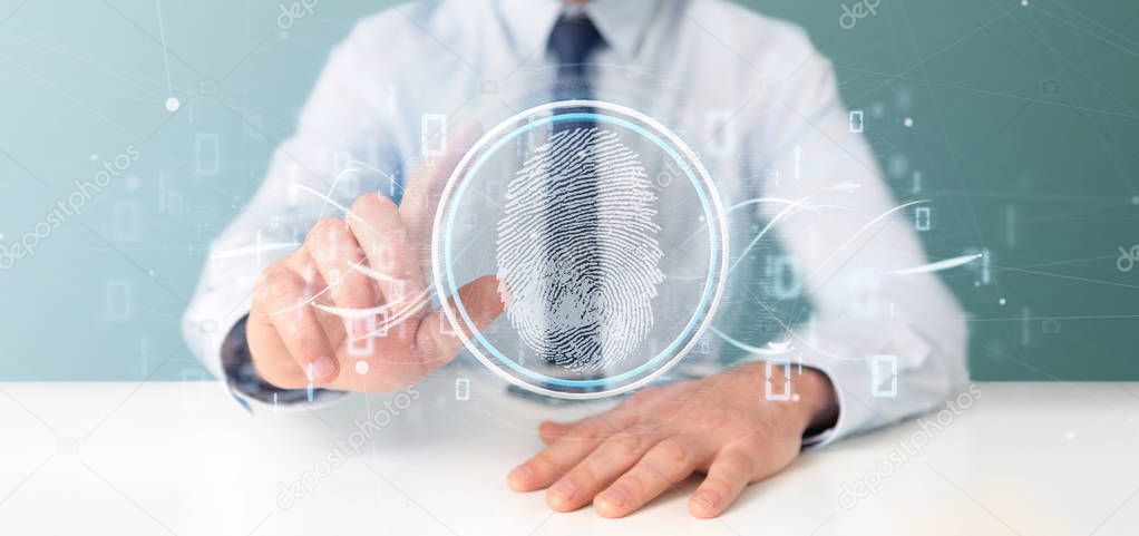 View of a Businessman holding a Digital fingerprint identification and binary code 3d rendering