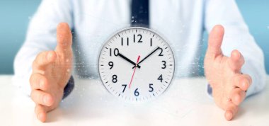 Bir saat zamanlayıcı 3d render tutan bir adam görünümü