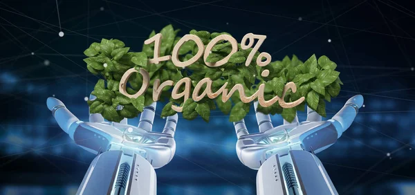 View Cyborg Holding Wooden Logo 100 Organic Leaves Rendering — Stock Photo, Image