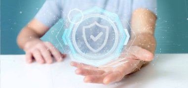 Bir asma kilit güvenlik teknoloji arabirimi 3d render tutan bir adam görünümü