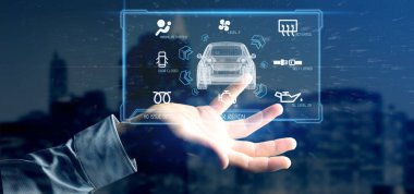 Bir pano smartcar arabirimi Pano 3d render tutan bir adam görünümü