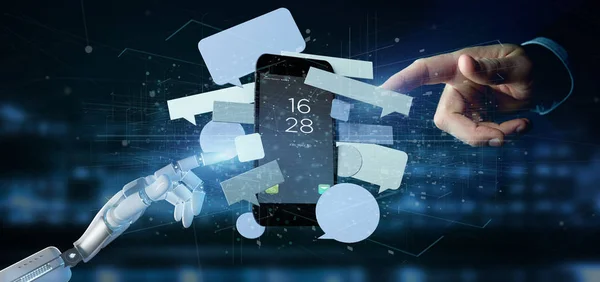 View of a Cyborg hand holding a Messages bubbles surrounding a smartphone 3d rendering