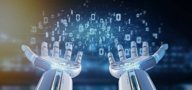 Bir veri ikili bulut 3d render tutan bir Cyborg el görünümünü 