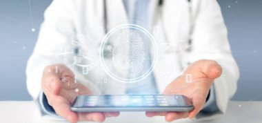 Bir dijital parmak izi tanımlama ve ikili kod 3d render tutan bir doktor görünümünü