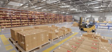 Bir bağlantı üzerinden bir ambar mal stok arka plan 3d render görünümünü