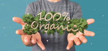 Ahşap bir logo % 100 organik 3d render etrafında yapraklarla tutan bir işadamı görünümünü