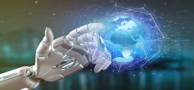 Bağlı bir ağda bir dünya küre kavram üzerinde bir futuristik bir arayüze - 3d render üzerinde tutan bir Cyborg el görünümünü