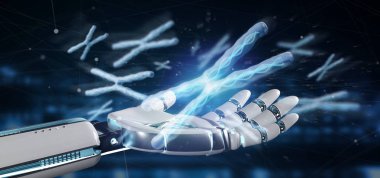 Bir grup kromozom Dna içinde birlikte tutan el bir arka plan 3d render izole bir Cyborg görünümünü