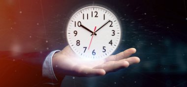 Bir saat zamanlayıcı 3d render tutan bir adam görünümü