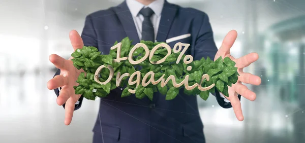 View Businessman Holding Wooden Logo 100 Organic Leaves Rendering — Stock Photo, Image