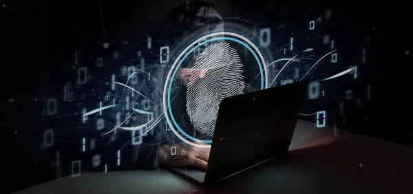 View of a Man hacking a Digital fingerprint identification and binary code 3d rendering