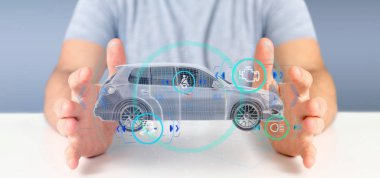 Checkings 3d render ile bir Smartcar tutan bir adam görünümü