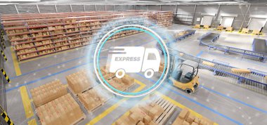 Bir ambar arka plan 3d render hızlı teslim sistemi kavramının görünüm