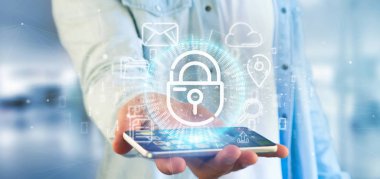 Multimedya ve sosyal medya simge 3d render bir güvenlik asma kilit tekerlek simgesiyle tutan bir işadamı görünümünü