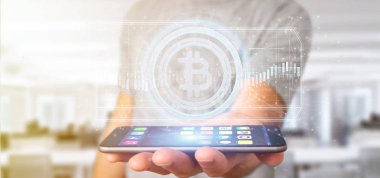 Bir teknoloji Bitcoin simgesi üzerinde bir daire 3d render tutan bir adam görünümü