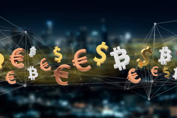Vue Symbole Bitcoin Dollar Euro Affiché Sur Fond Ville Rendu — Photo