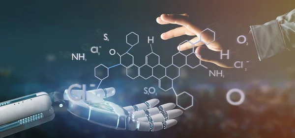 View Cyborg Hand Holding Molecule Structure Rendering — Stock Photo, Image