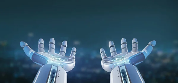 Vedere Unei Mâini Robotizate Cyborg Fundal Orașului Redare — Fotografie, imagine de stoc