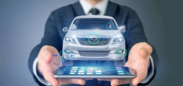 View Man Holding Smartcar Checkings Rendering — Stock Photo, Image