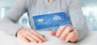 Temassız kredi kartı ödeme kavramı 3d render tutan bir adam görünümü