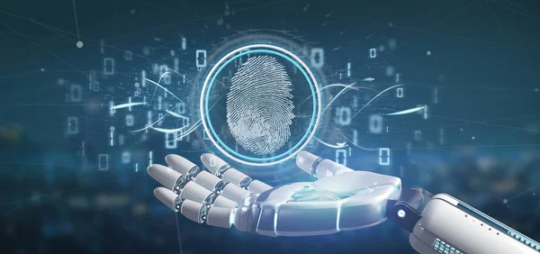 View of a Cyborg holding a Digital fingerprint identification and binary code 3d rendering